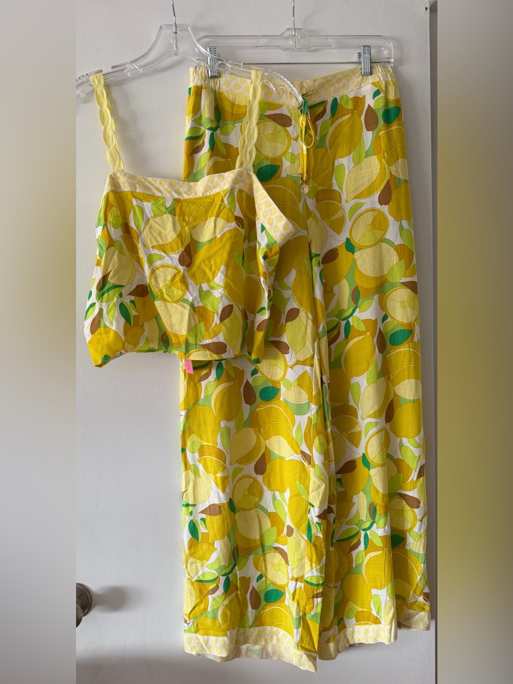 Rose + Olive Resort Lemon Print Crop Top & Wide Leg Pants Set Size M NWT